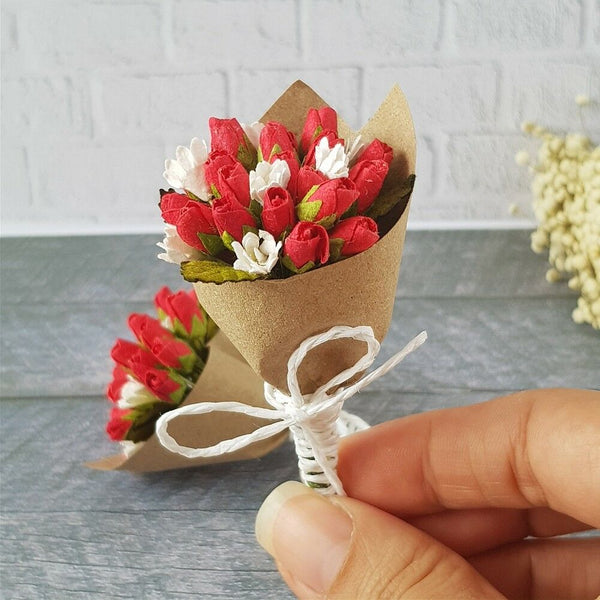 Mulberry Paper Red Rose Flowers Handmade Bouquet Miniature Valentines Gifts Cute