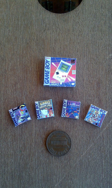Dollhouse Miniature Gameboy box + 4 game boxes (1:12 scale)